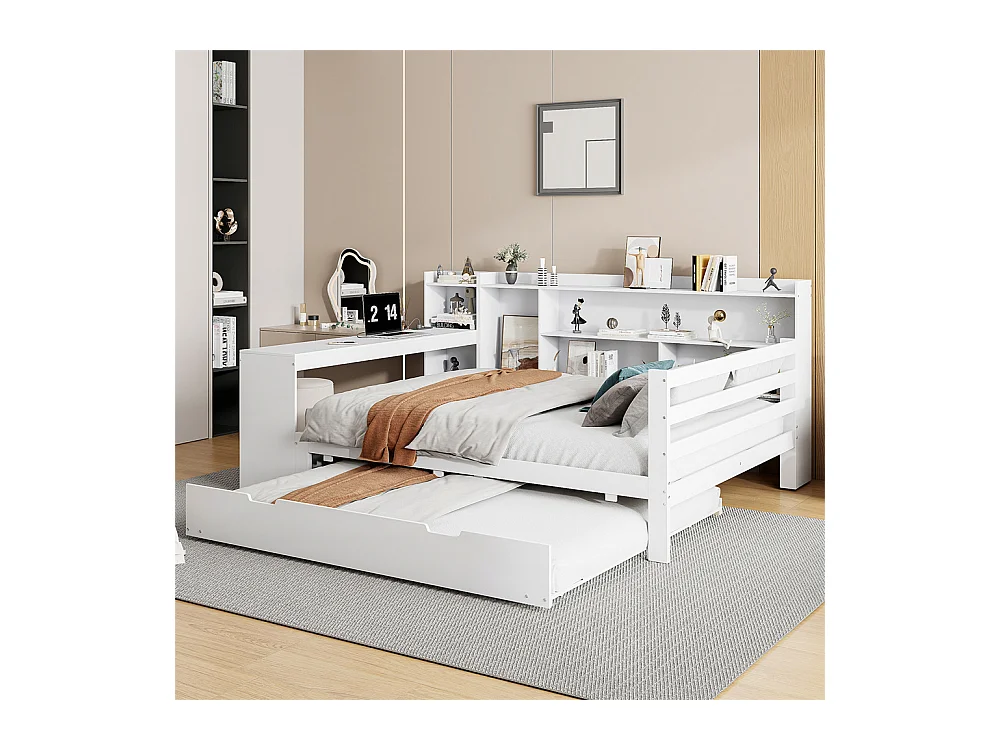 Lit jeune lit 140x200cm lit double en bois avec bureau, étagères et prise de courant bois massif blanc