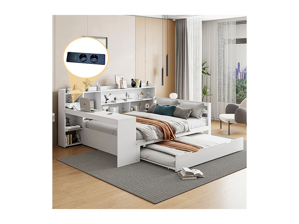 Lit jeune lit 140x200cm lit double en bois avec bureau, étagères et prise de courant bois massif blanc