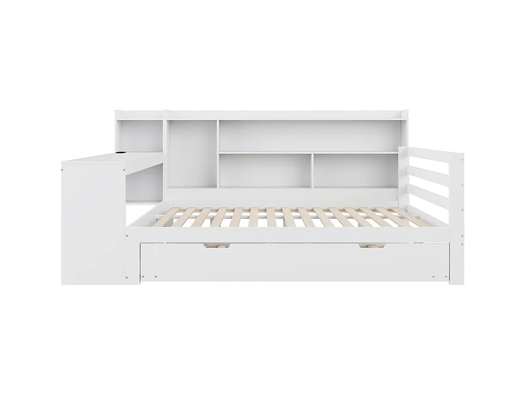 Lit jeune lit 140x200cm lit double en bois avec bureau, étagères et prise de courant bois massif blanc
