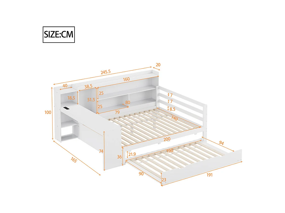 Lit jeune lit 140x200cm lit double en bois avec bureau, étagères et prise de courant bois massif blanc