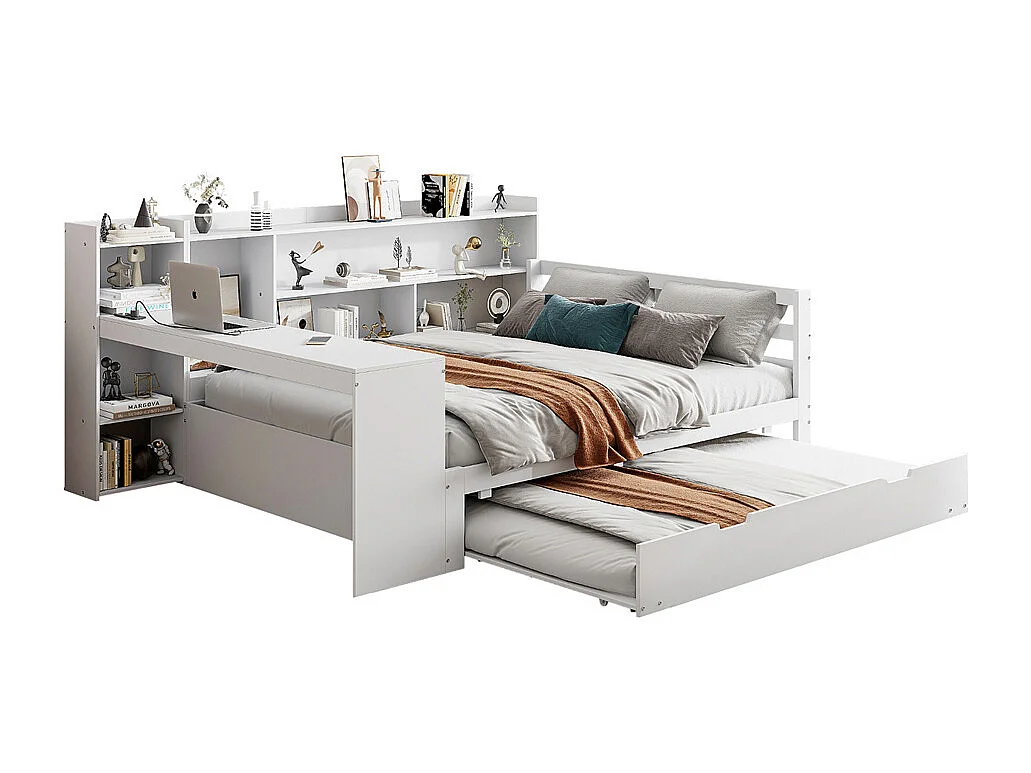 Lit jeune lit 140x200cm lit double en bois avec bureau, étagères et prise de courant bois massif blanc
