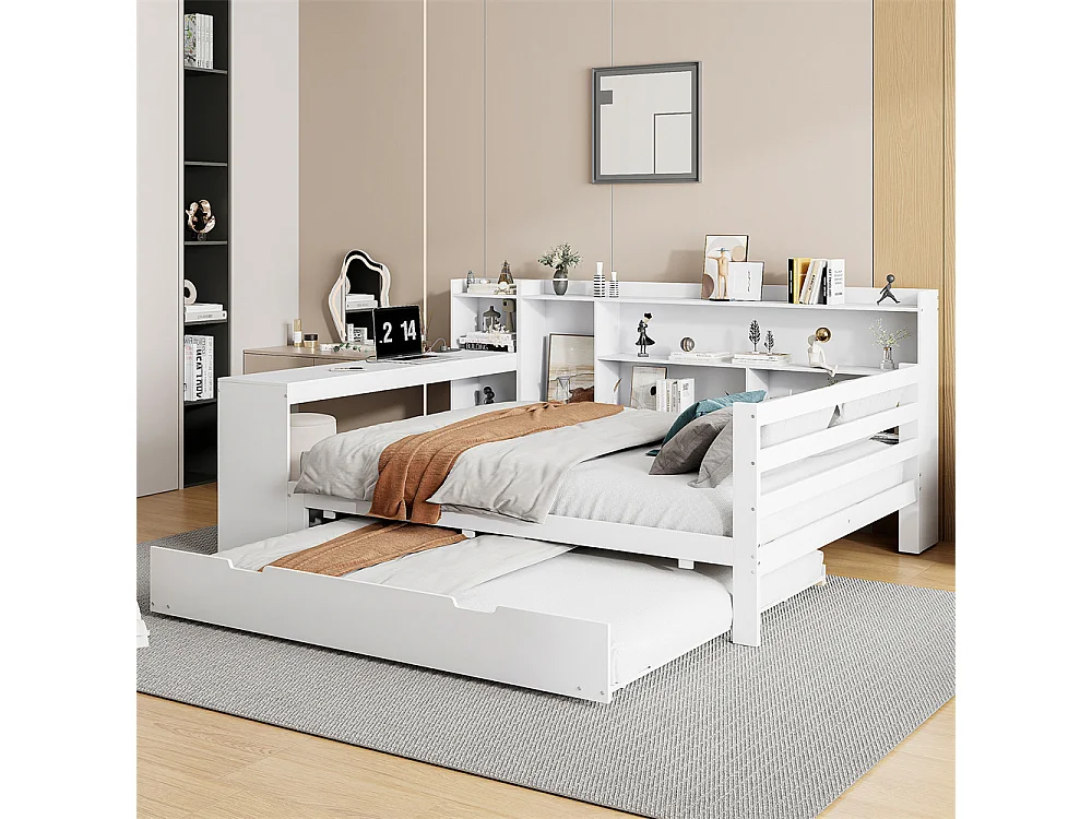 Lit jeune lit 140x200cm lit double en bois avec bureau, étagères et prise de courant bois massif blanc