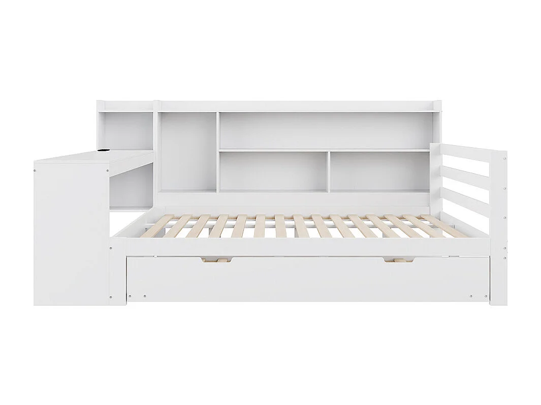 Lit jeune lit 140x200cm lit double en bois avec bureau, étagères et prise de courant bois massif blanc