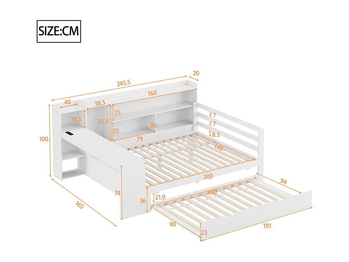 Lit jeune lit 140x200cm lit double en bois avec bureau, étagères et prise de courant bois massif blanc