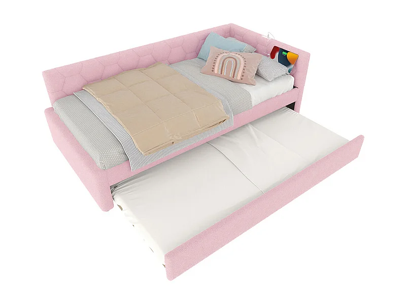 Lit de jour 90x200cm, canapé-lit avec sommier à lattes et lampe de chevet, lit gigogne, connexion usb, type-c, fleece+mdf, rose, sans matelas