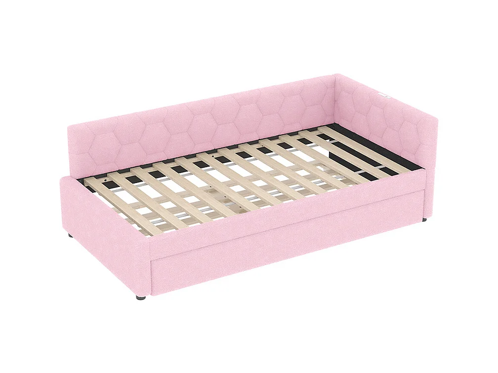 Lit de jour 90x200cm, canapé-lit avec sommier à lattes et lampe de chevet, lit gigogne, connexion usb, type-c, fleece+mdf, rose, sans matelas