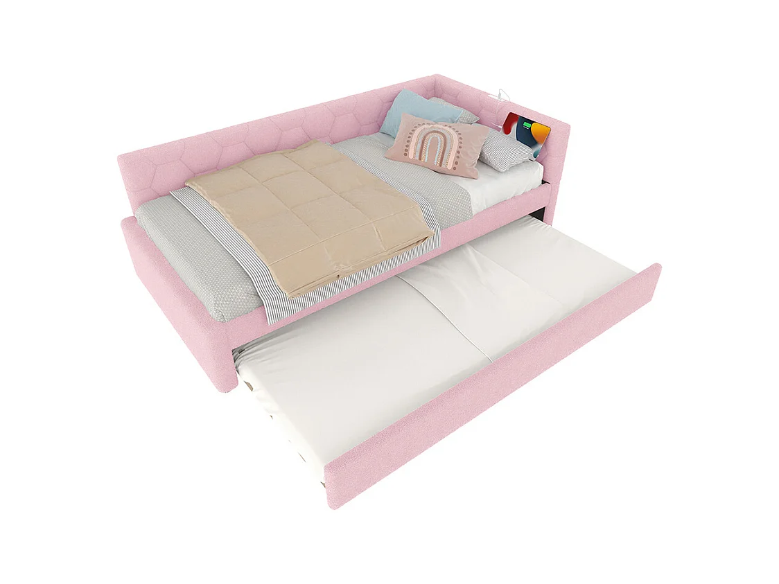 Lit de jour 90x200cm, canapé-lit avec sommier à lattes et lampe de chevet, lit gigogne, connexion usb, type-c, fleece+mdf, rose, sans matelas