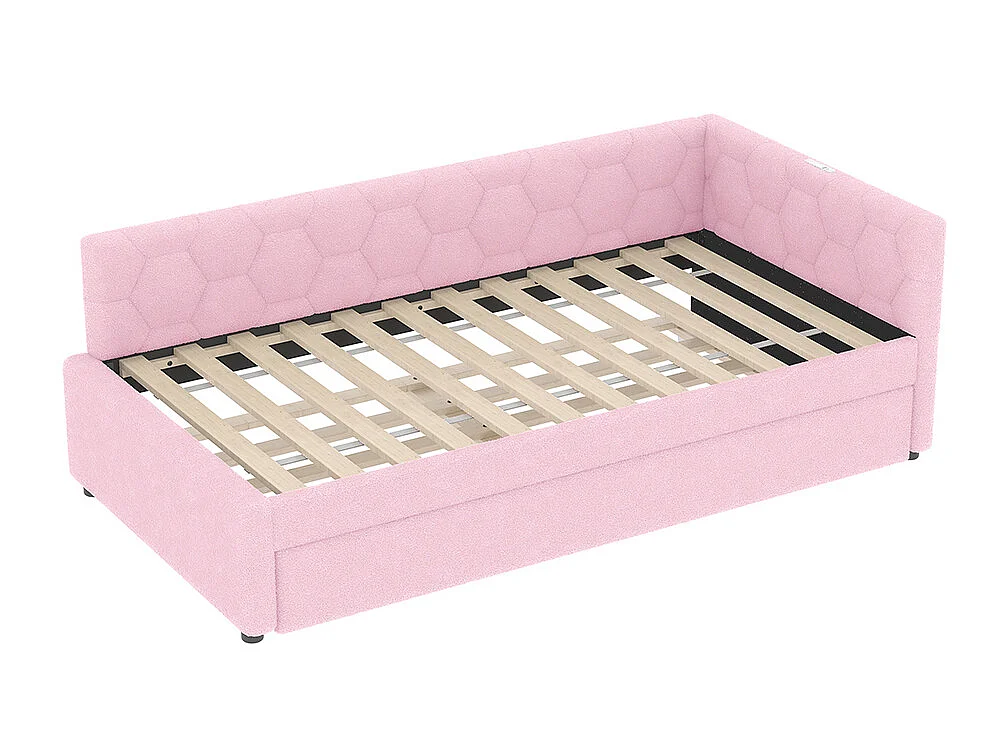 Lit de jour 90x200cm, canapé-lit avec sommier à lattes et lampe de chevet, lit gigogne, connexion usb, type-c, fleece+mdf, rose, sans matelas