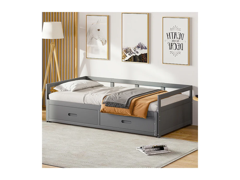 Lit jeune lit 90x200 cm avec tiroirs et sommier à lattes lit simple pin gris