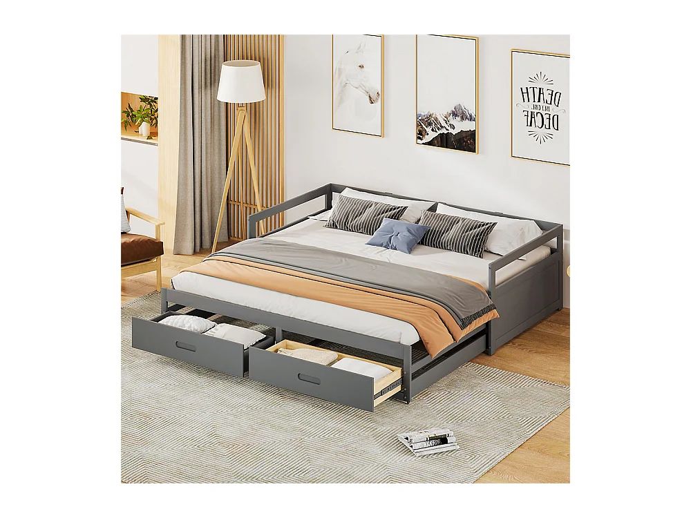 Lit jeune lit 90x200 cm avec tiroirs et sommier à lattes lit simple pin gris