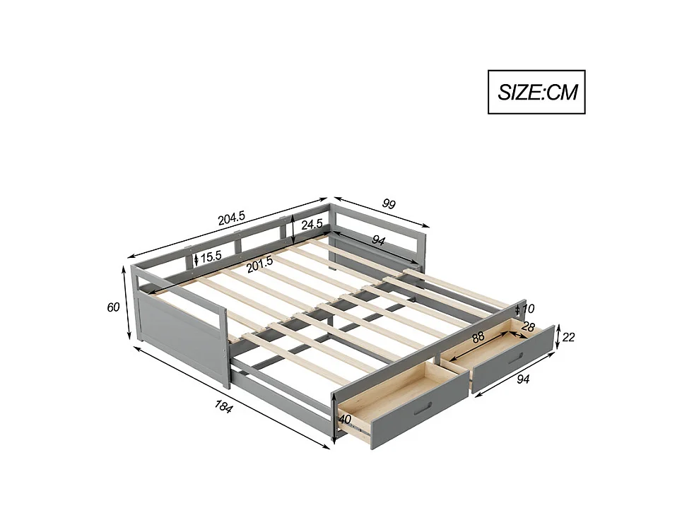 Lit jeune lit 90x200 cm avec tiroirs et sommier à lattes lit simple pin gris