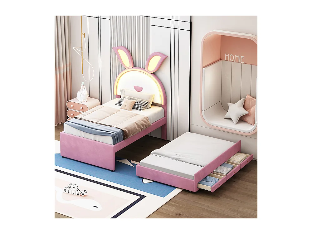 Lit jeune lit 90x200 cm lit rembourré lit simple avec tiroirs et lumière led velours rose