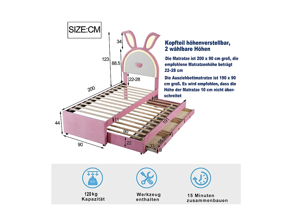 Lit jeune lit 90x200 cm lit rembourré lit simple avec tiroirs et lumière led velours rose