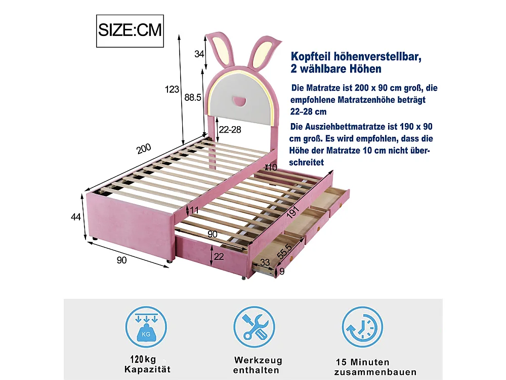 Lit jeune lit 90x200 cm lit rembourré lit simple avec tiroirs et lumière led velours rose