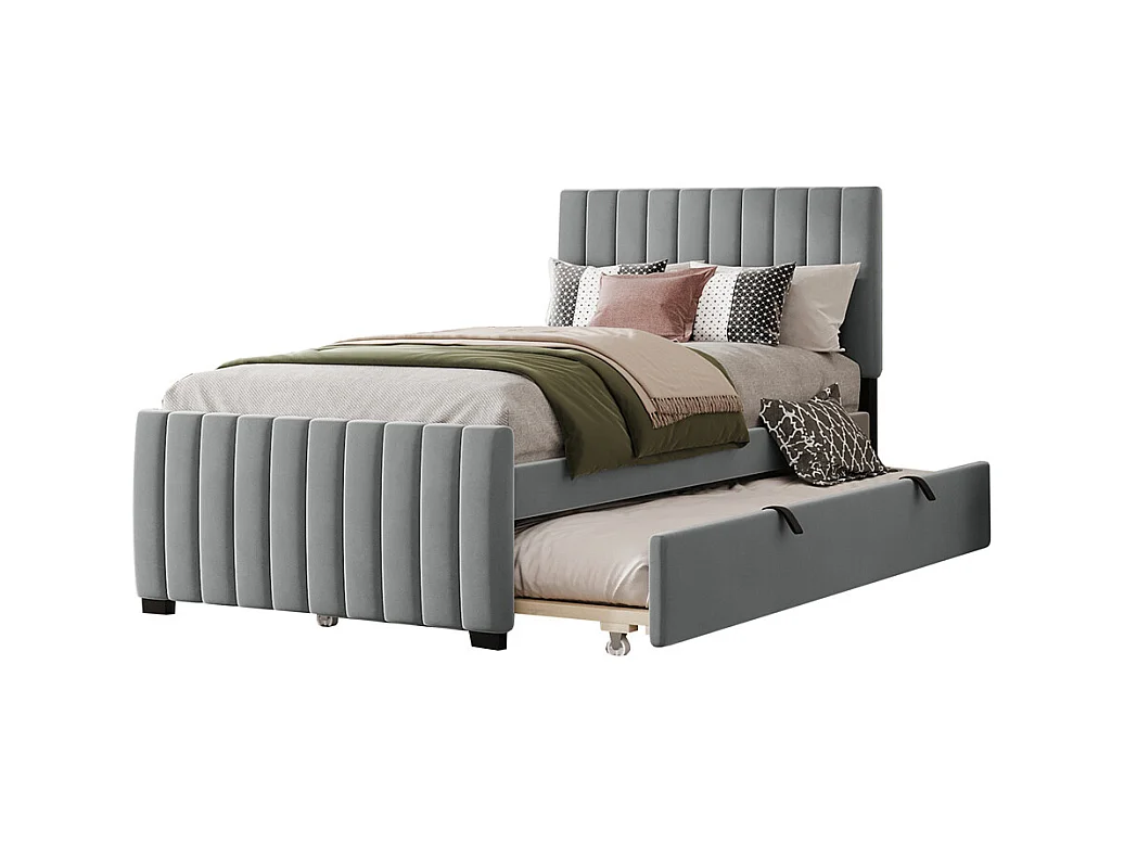 Lit jeune lit 90x190cm lit rembourré lit simple avec lit gigogne tissu en velours gris