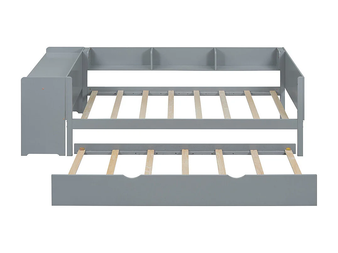 Lit gigogne 90x200 cm, lit plat avec bureau et trois étagères, pin, gris