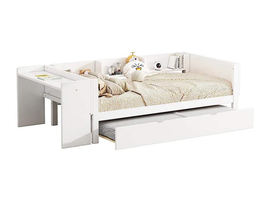 Lit jeune lit 90x200 cm lit plat avec lit escamotable et bureau pin blanc