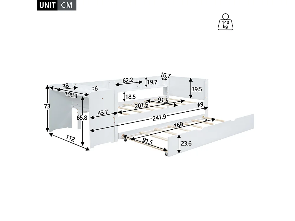 Lit jeune lit 90x200 cm lit plat avec lit escamotable et bureau pin blanc