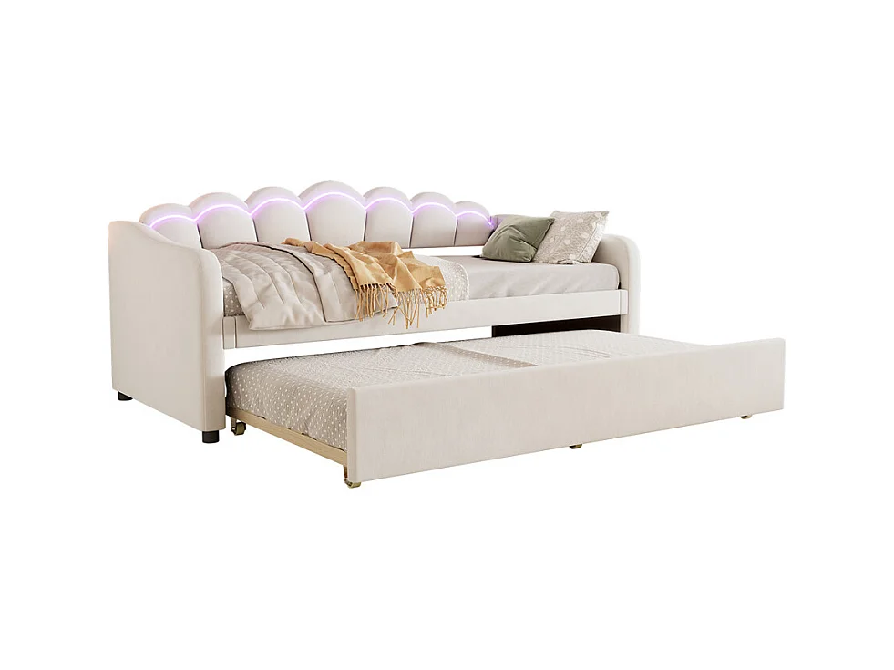 Lit de jour 90x200cm, avec lit gigogne, lumière ambiante changeant de couleur, télécommande, canapé-lit, lit simple(sans matelas), style minimaliste, velours, beige