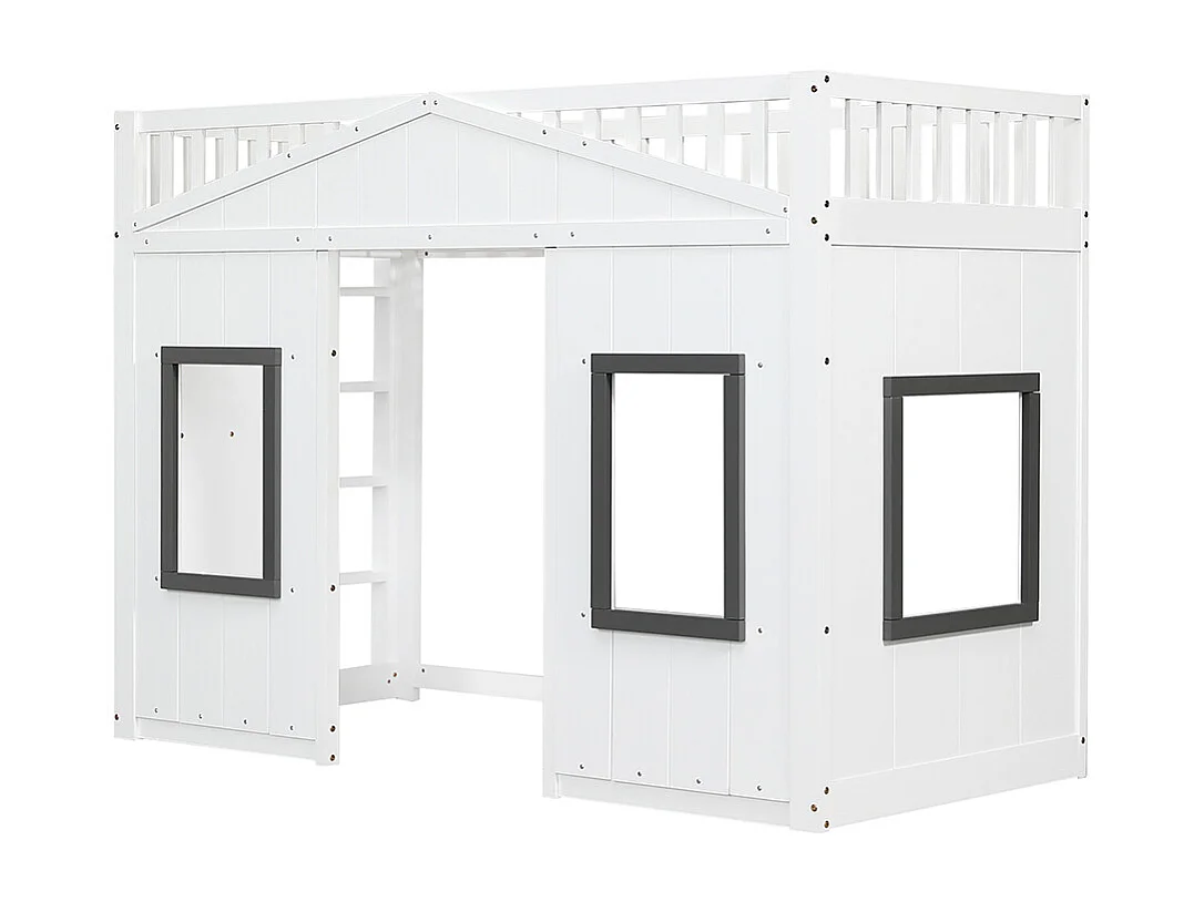 Lit superposé 90x200cm, lit cabane avec escalier et barrière, lit enfant avec fenêtre, sommier à lattes, cadre en pin, pin+MDF, blanc