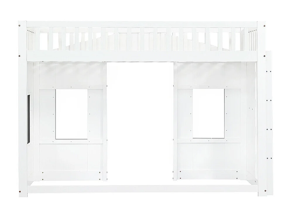Lit superposé 90x200cm, lit cabane avec escalier et barrière, lit enfant avec fenêtre, sommier à lattes, cadre en pin, pin+MDF, blanc