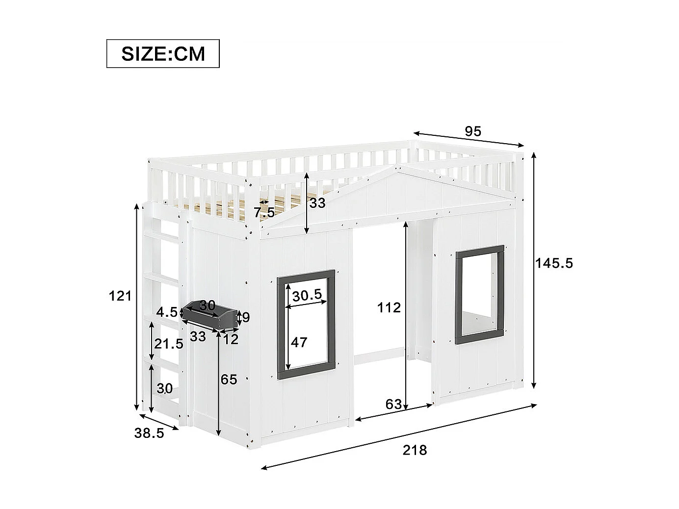 Lit superposé 90x200cm, lit cabane avec escalier et barrière, lit enfant avec fenêtre, sommier à lattes, cadre en pin, pin+MDF, blanc