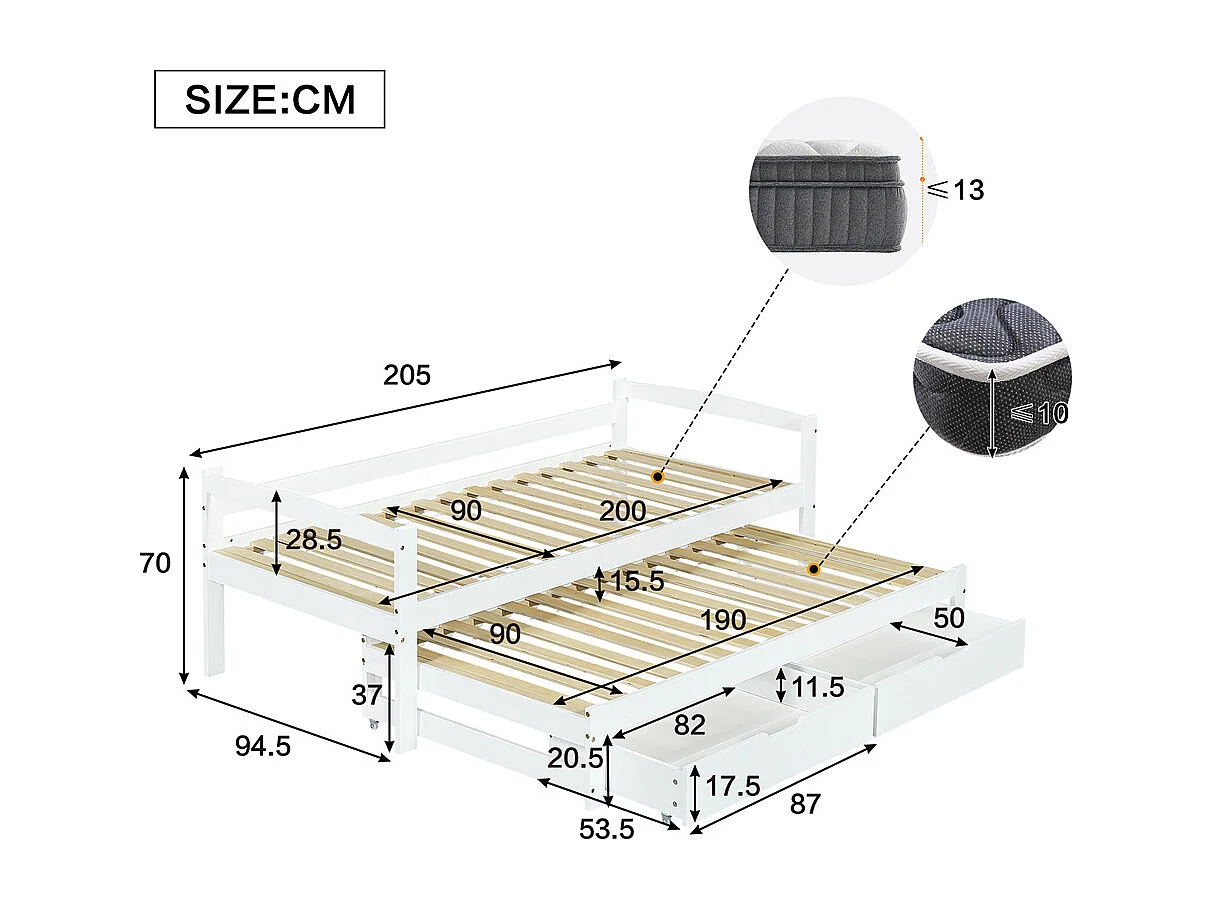 Lit jeune lit 90x190200 cm lit 2 tiroirs en mdf avec roulettes en bas lit de jour bois massif blanc