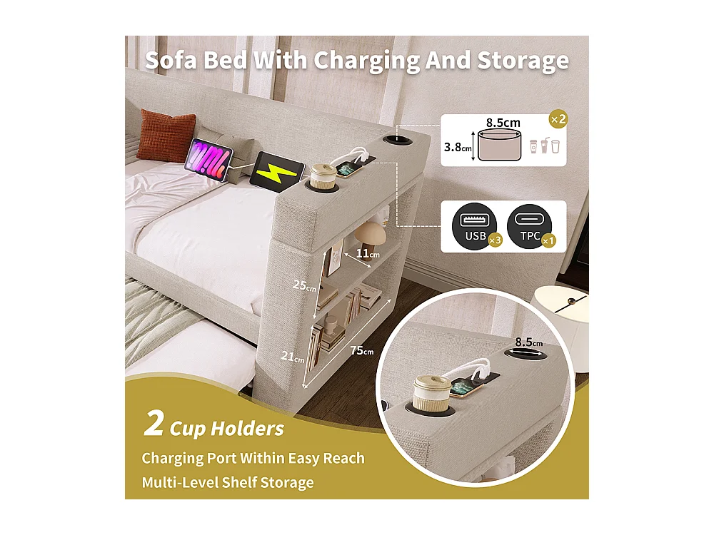 Lit de repos rembourré 90x190 cm, canapé-lit simple avec lit gigogne, beige, sans matelas.