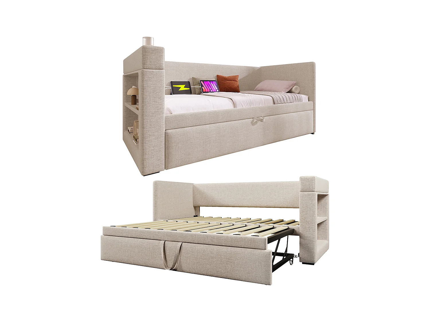 Lit de repos rembourré 90x190 cm, canapé-lit simple avec lit gigogne, beige, sans matelas.