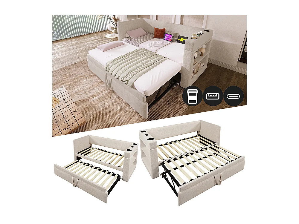 Lit de repos rembourré 90x190 cm, canapé-lit simple avec lit gigogne, beige, sans matelas.
