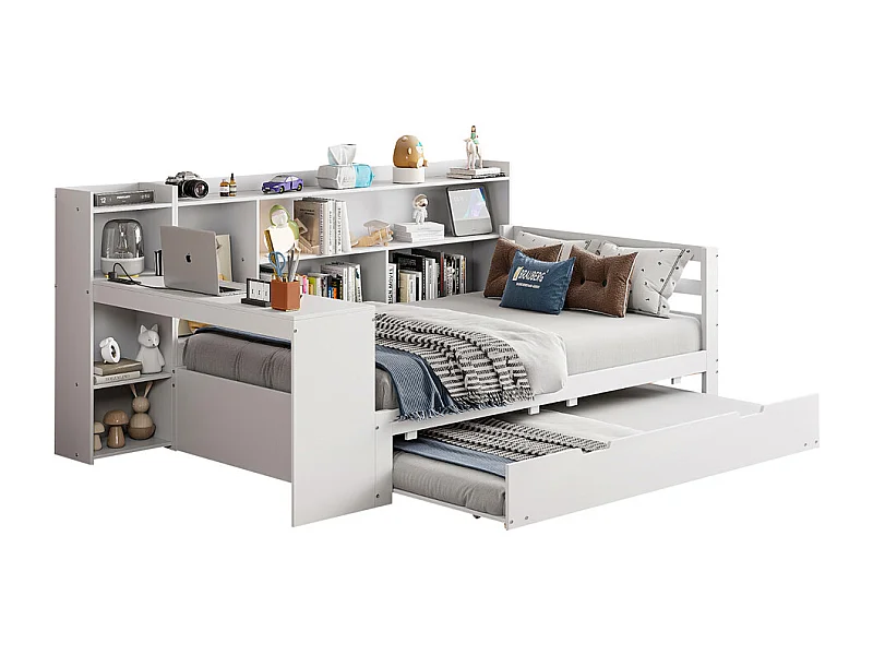 Lit jeune lit 90x200cm lit en bois avec bureau, étagères et prise de courant bois massif blanc