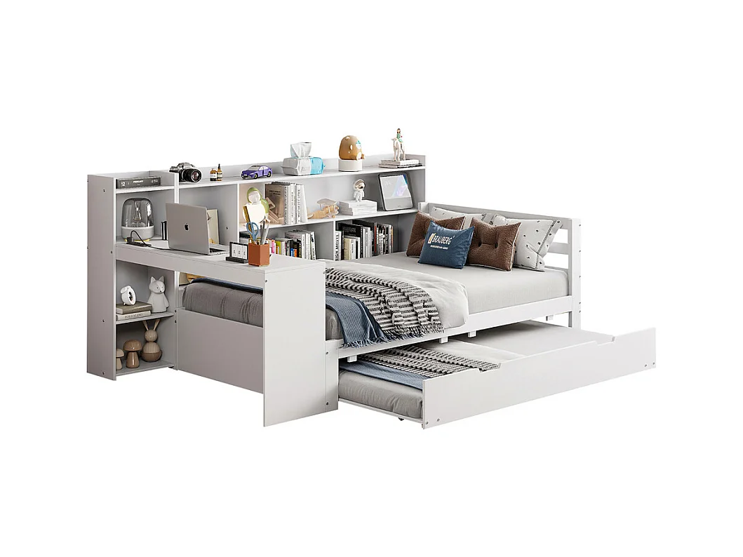 Lit jeune lit 90x200cm lit en bois avec bureau, étagères et prise de courant bois massif blanc