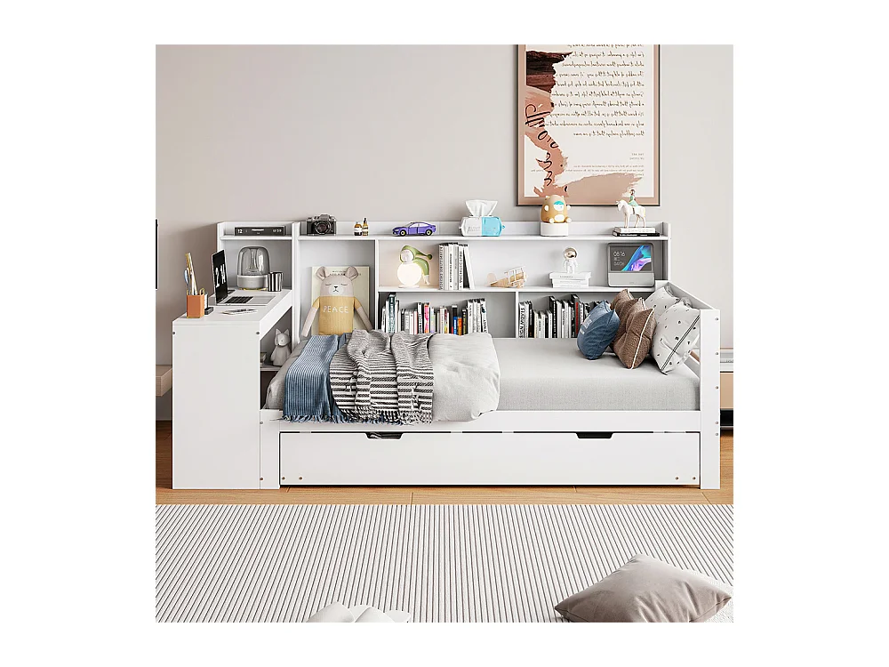 Lit jeune lit 90x200cm lit en bois avec bureau, étagères et prise de courant bois massif blanc