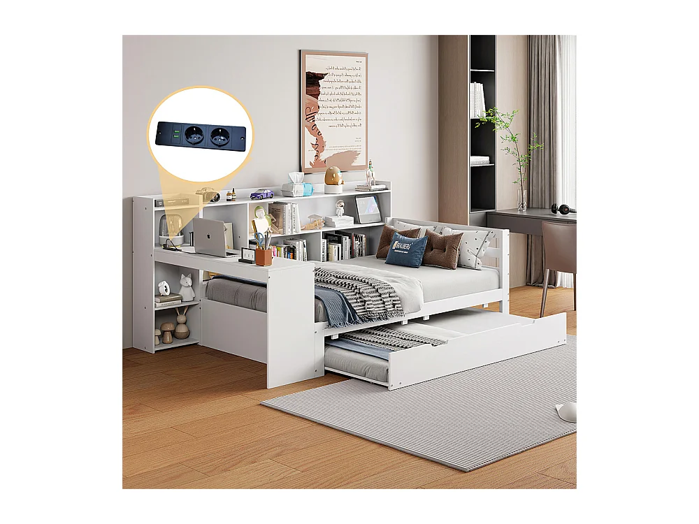 Lit jeune lit 90x200cm lit en bois avec bureau, étagères et prise de courant bois massif blanc