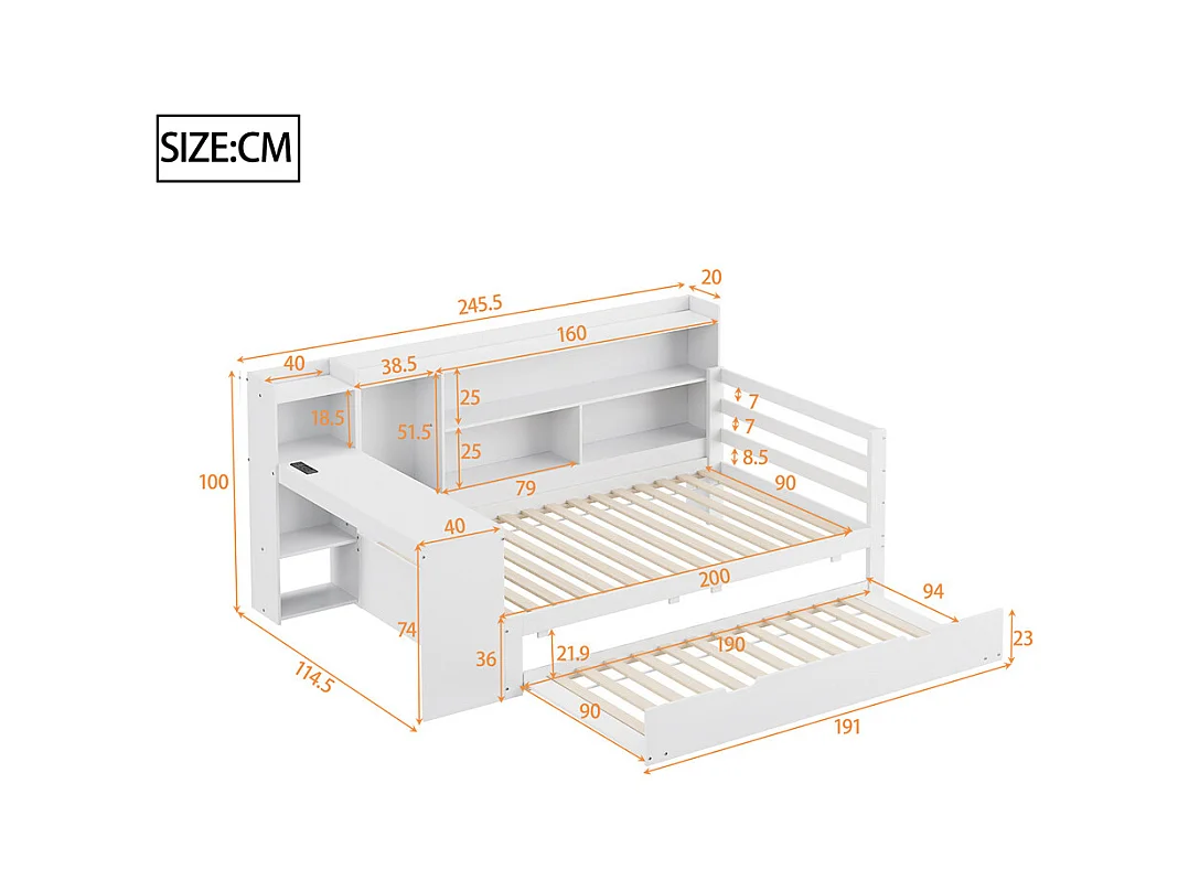 Lit jeune lit 90x200cm lit en bois avec bureau, étagères et prise de courant bois massif blanc