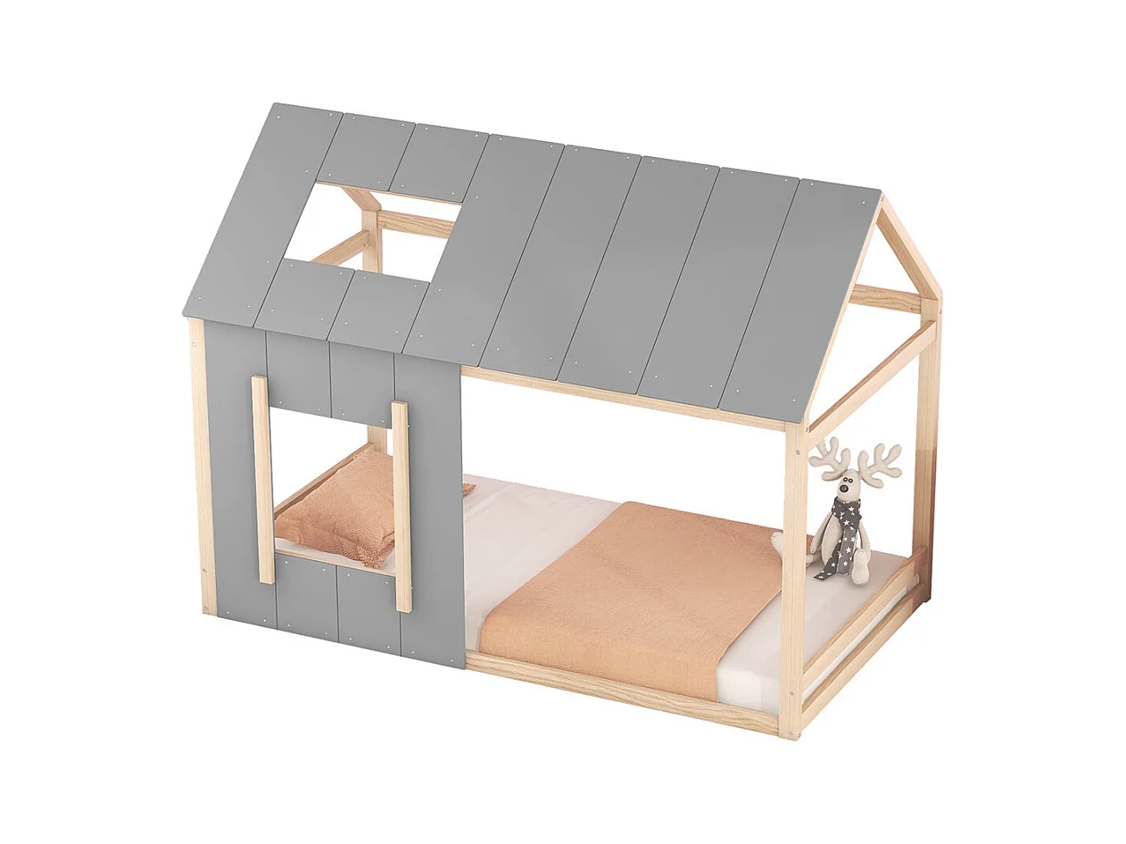 Lit jeune lit 90x200 cm avec toit et fenêtre lit simple pin naturel + gris