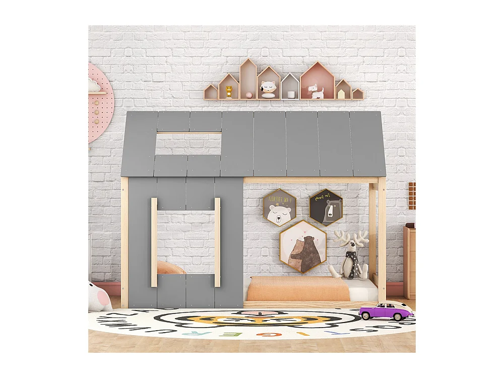 Lit jeune lit 90x200 cm avec toit et fenêtre lit simple pin naturel + gris