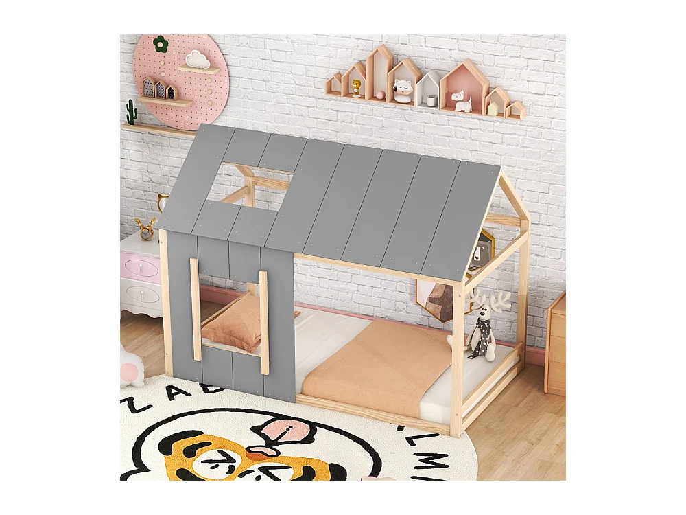 Lit jeune lit 90x200 cm avec toit et fenêtre lit simple pin naturel + gris