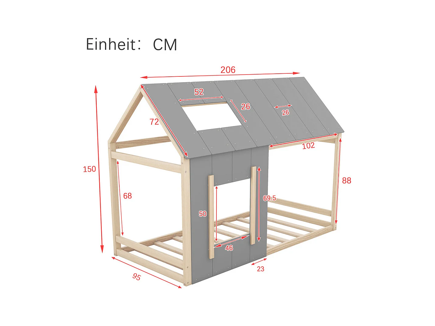 Lit jeune lit 90x200 cm avec toit et fenêtre lit simple pin naturel + gris