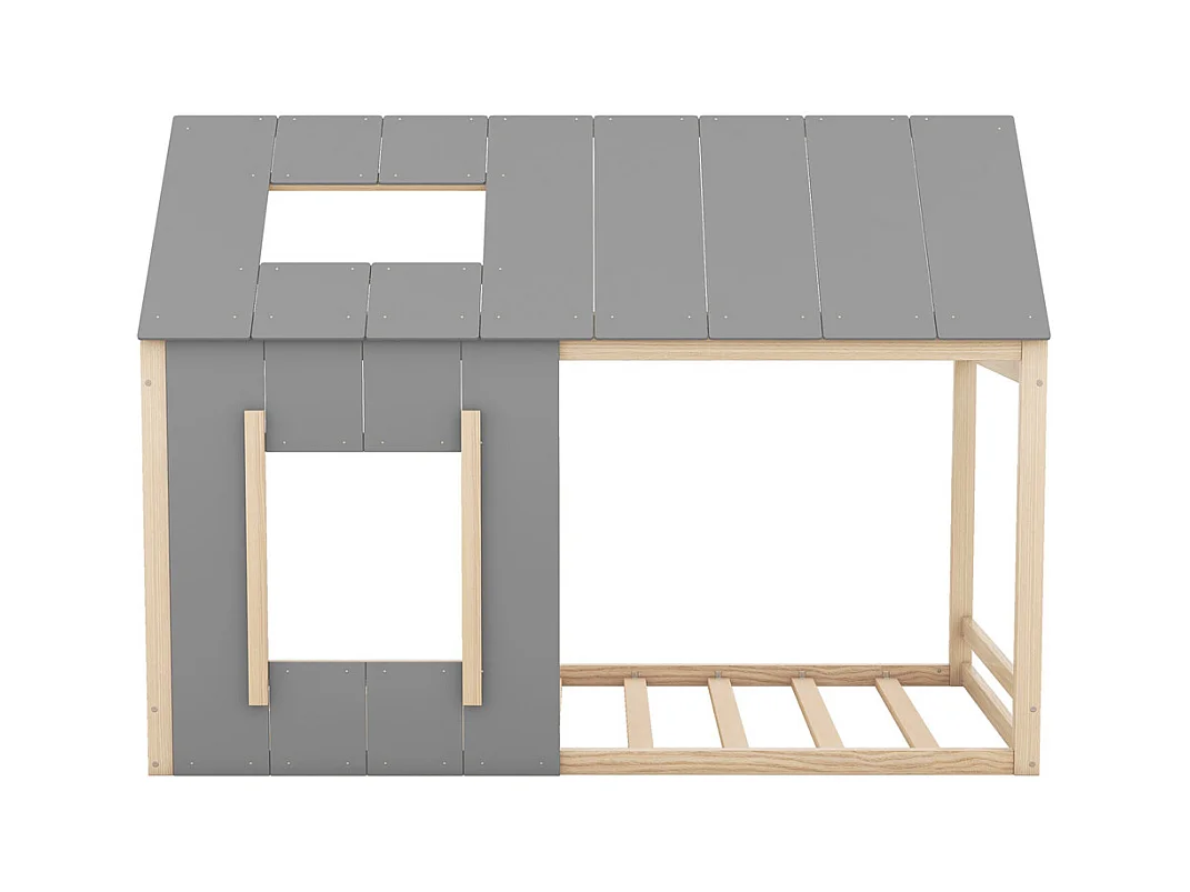 Lit jeune lit 90x200 cm avec toit et fenêtre lit simple pin naturel + gris