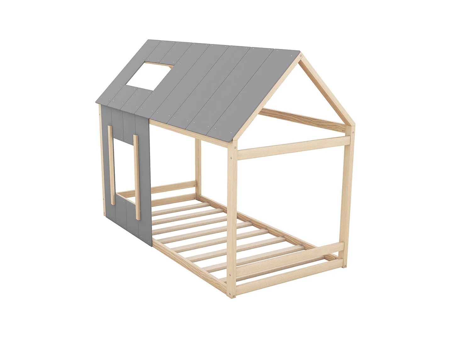 Lit jeune lit 90x200 cm avec toit et fenêtre lit simple pin naturel + gris