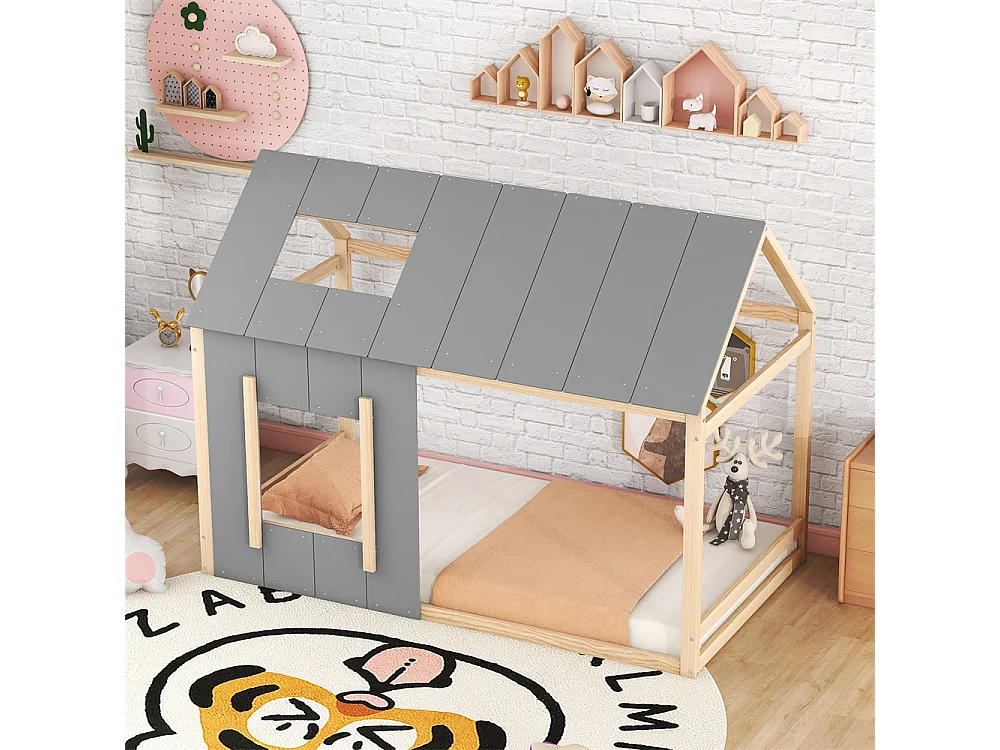 Lit jeune lit 90x200 cm avec toit et fenêtre lit simple pin naturel + gris