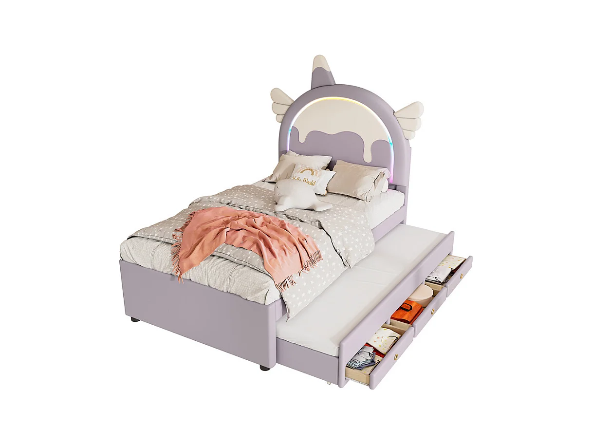 Lit jeune lit 90x200 cm lit gigogne escamotable forme de licorne lit simple pu violet