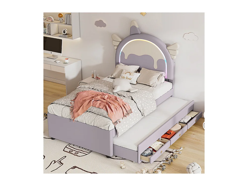 Lit jeune lit 90x200 cm lit gigogne escamotable forme de licorne lit simple pu violet