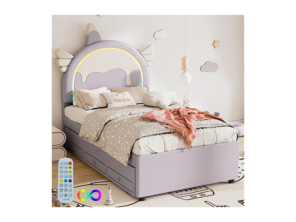 Lit jeune lit 90x200 cm lit gigogne escamotable forme de licorne lit simple pu violet