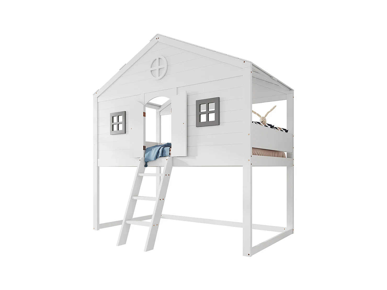 Lit cabane 90x200cm, avec escalier, avec protection antichute et barreaux, deux fenêtres grises, lit enfant avec fenêtre, blanc+gris