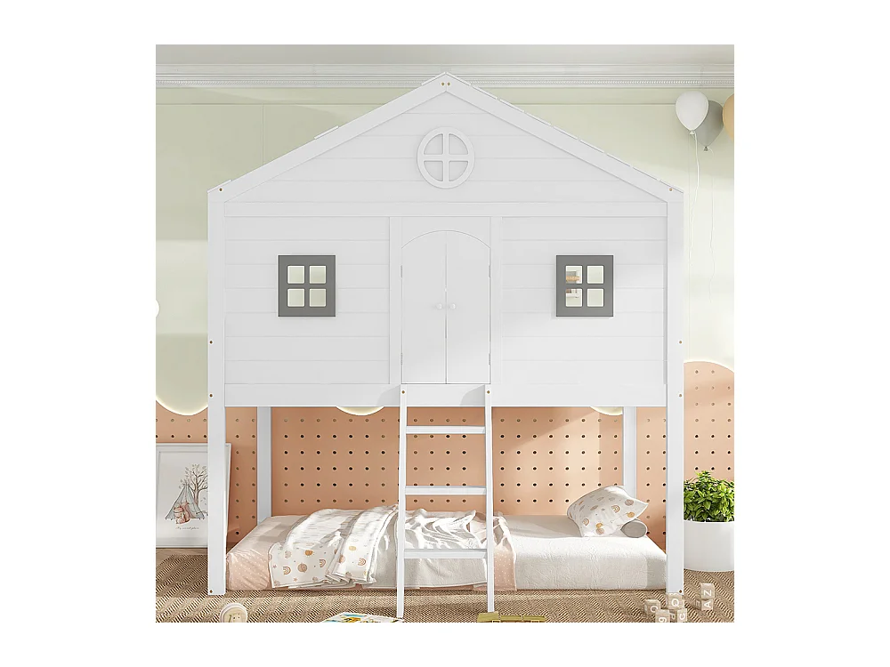 Lit cabane 90x200cm, avec escalier, avec protection antichute et barreaux, deux fenêtres grises, lit enfant avec fenêtre, blanc+gris