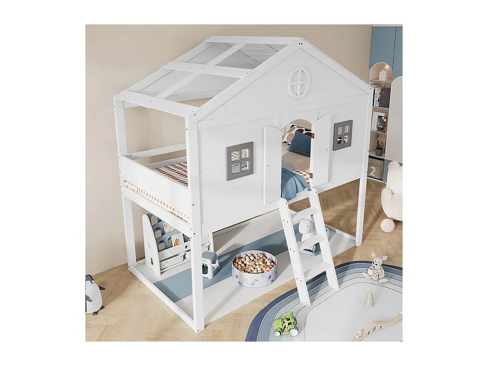 Lit cabane 90x200cm, avec escalier, avec protection antichute et barreaux, deux fenêtres grises, lit enfant avec fenêtre, blanc+gris