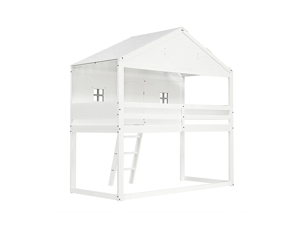 Lit cabane 90x200cm, avec escalier, avec protection antichute et barreaux, deux fenêtres grises, lit enfant avec fenêtre, blanc+gris