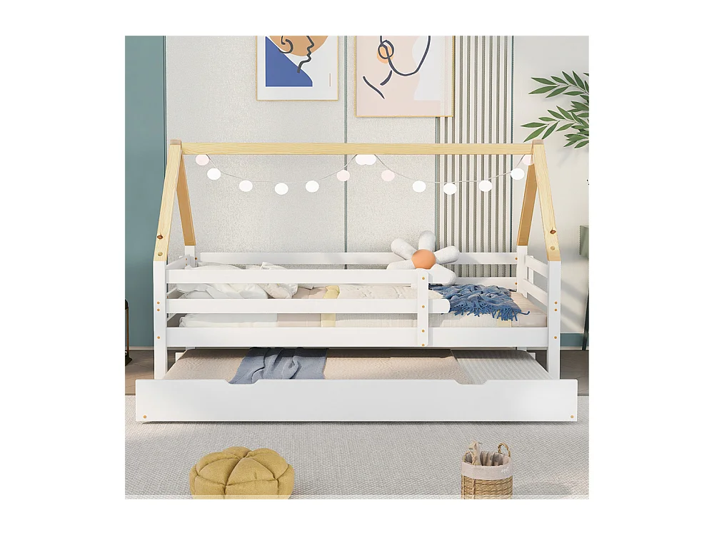 Lit jeune lit 90 x 200 cm(90x190cm) lit simple bois massif blanc+naturel